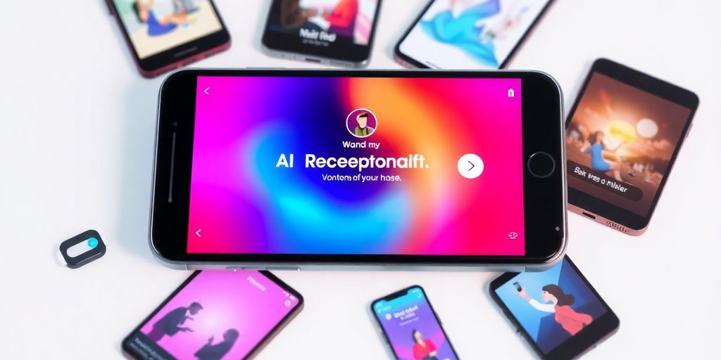 Smartphone with AI receptionist interface and mobile devices.