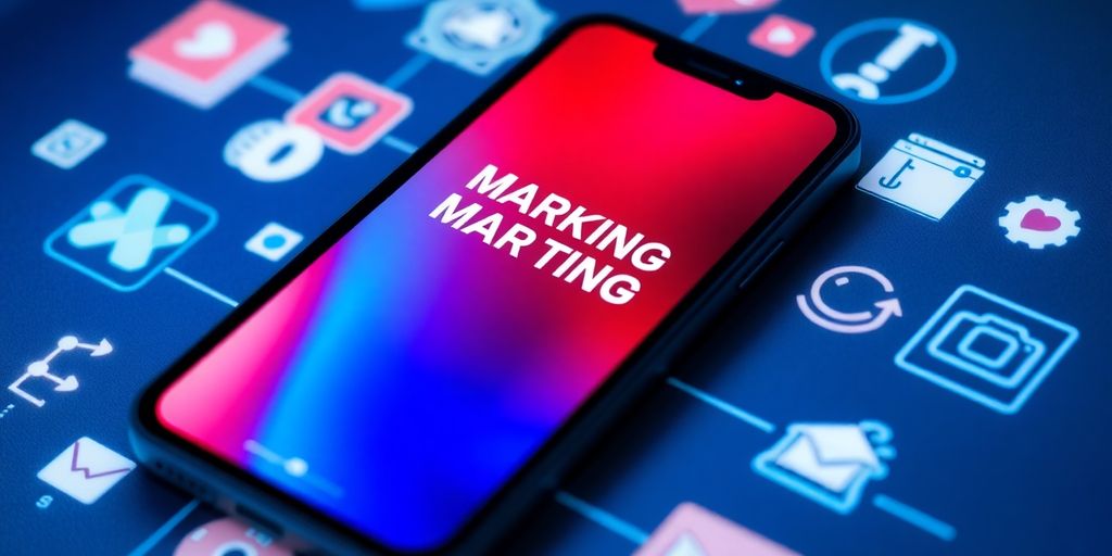 Smartphone with digital marketing icons in the background.