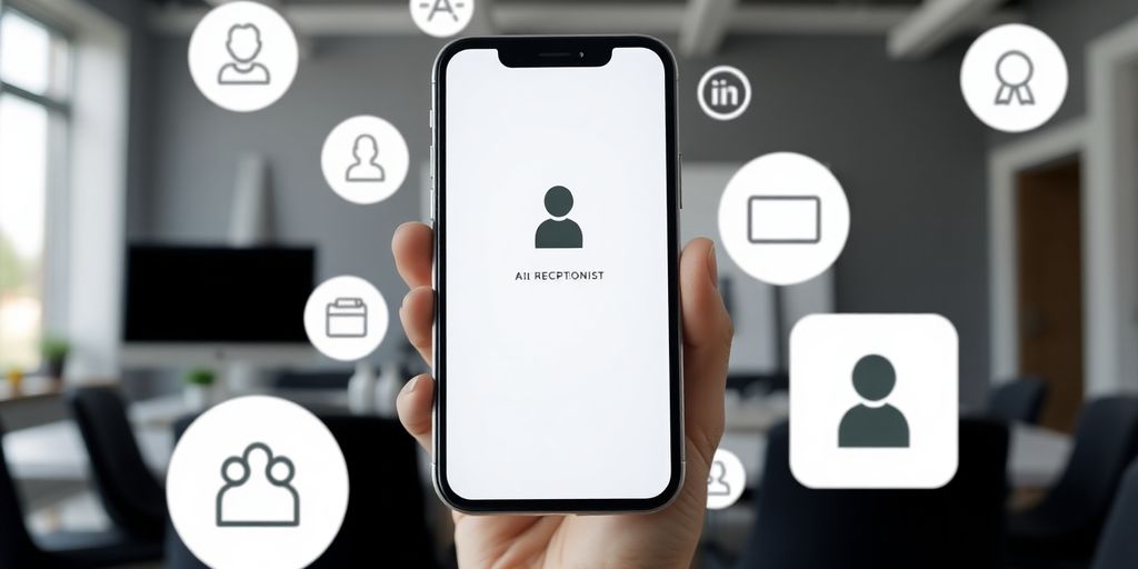 Smartphone with AI receptionist interface and marketing icons.
