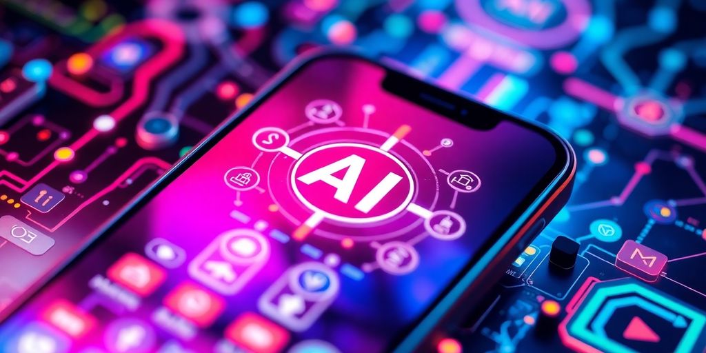 Smartphone with AI interface on a colorful background.