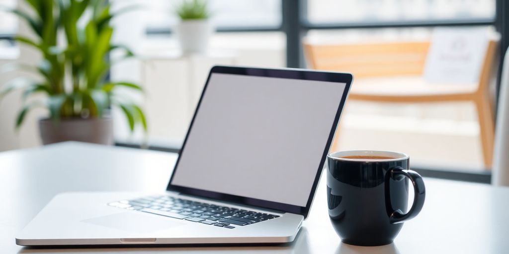 Modern workspace with laptop, coffee, and plant.