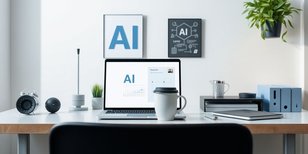 Modern workspace with laptop and AI-themed decor.