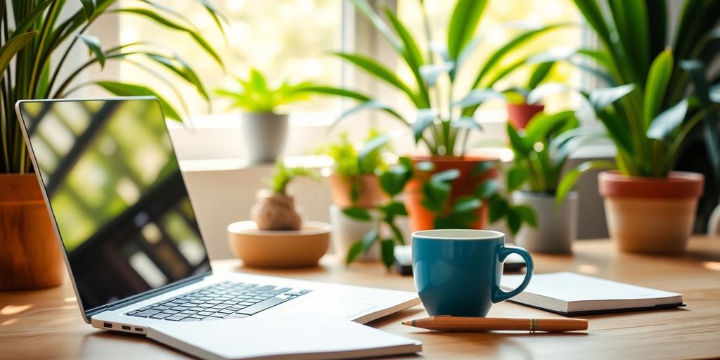 Workspace with laptop, notepad, and coffee cup.