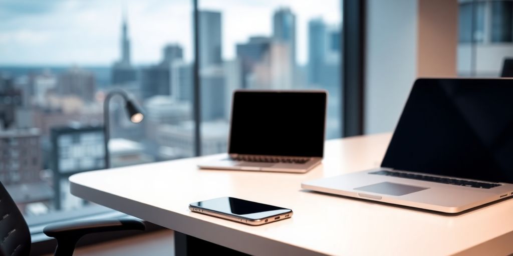 Modern office with smartphone and laptop on desk.