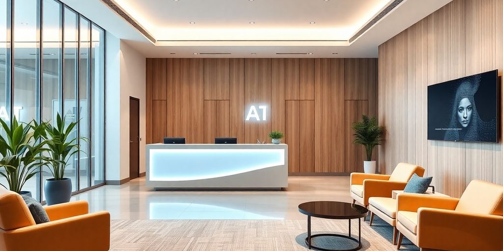 Modern office with AI receptionist and stylish furniture.