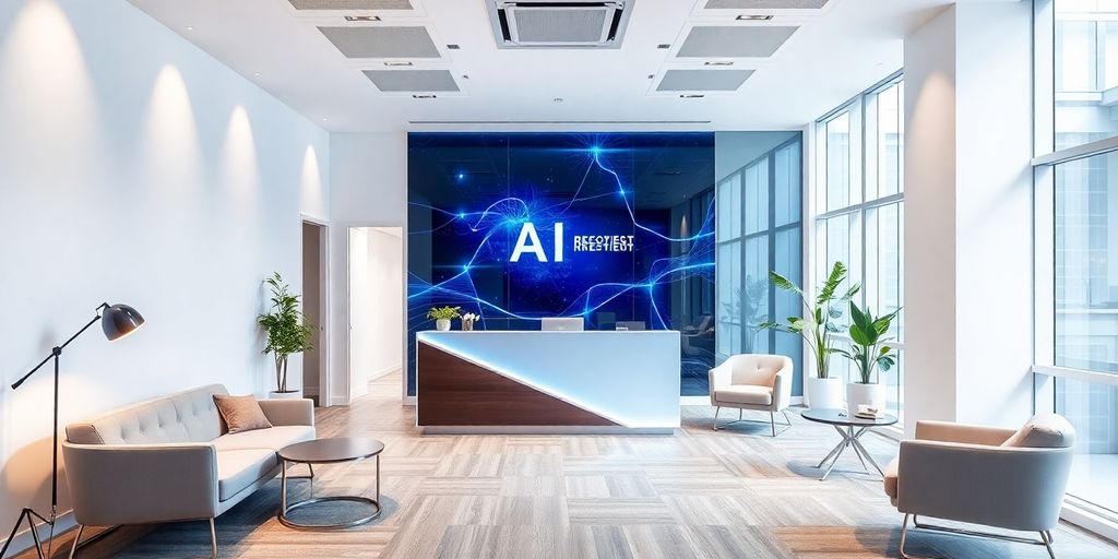 Modern office reception with AI receptionist and stylish furniture.
