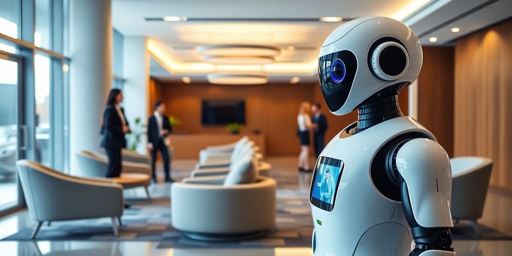 AI receptionist robot in a modern office lobby.