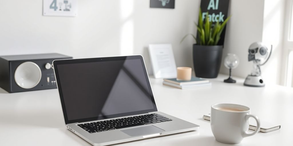 Modern workspace with laptop and AI-themed decor.