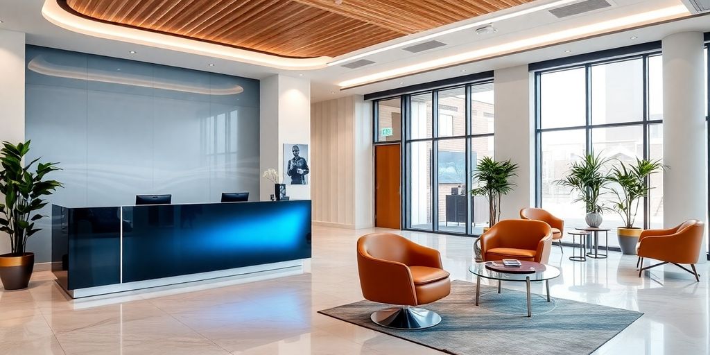 Modern office reception with AI receptionist and stylish furniture.