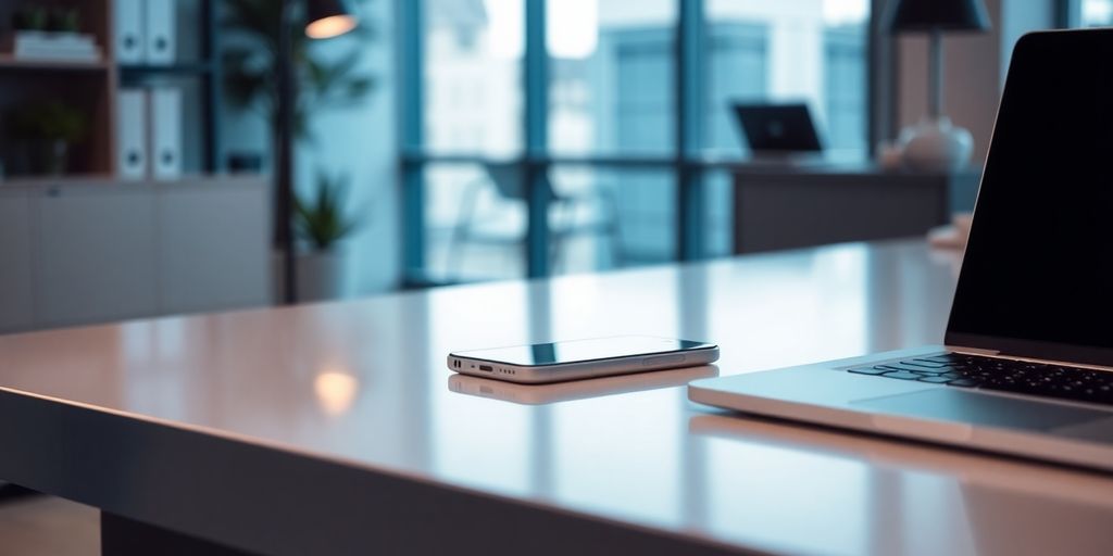 Modern office with smartphone and laptop on desk.