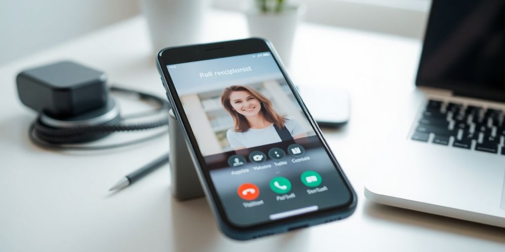 Smartphone with virtual receptionist interface on a desk.