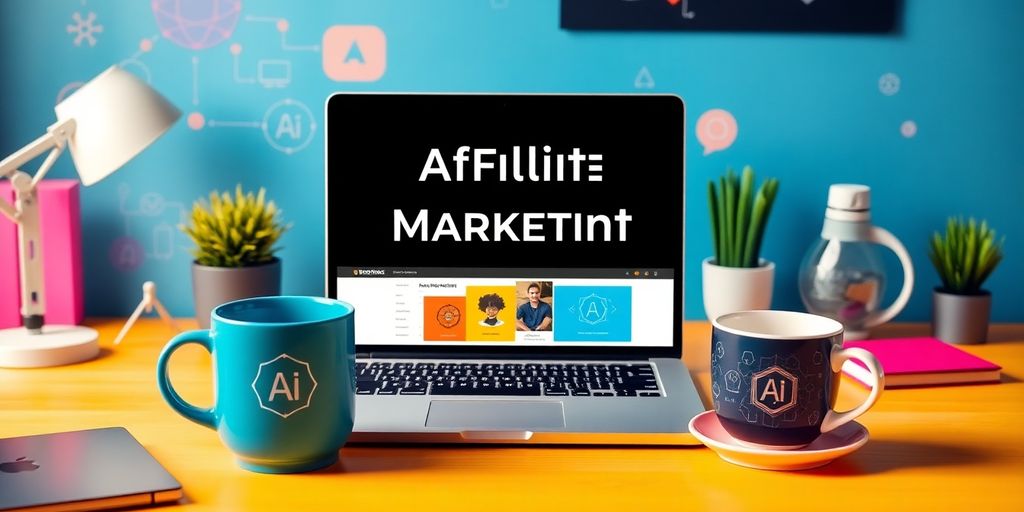 Modern workspace with laptop and AI-themed decor.