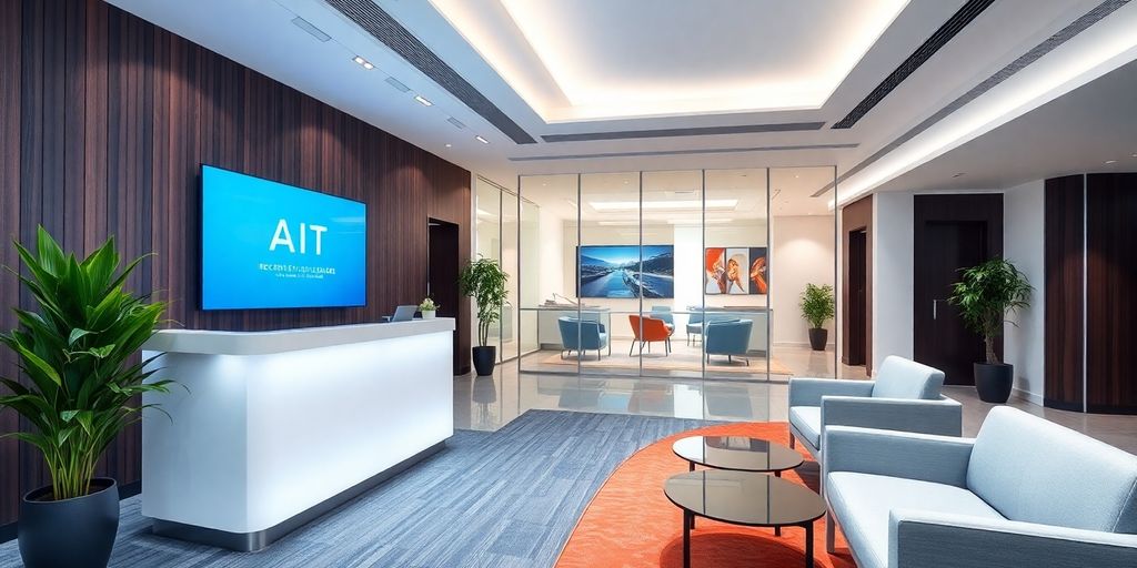 Modern office reception with AI receptionist and stylish decor.