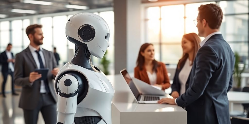 AI receptionist robot in a modern office with clients.