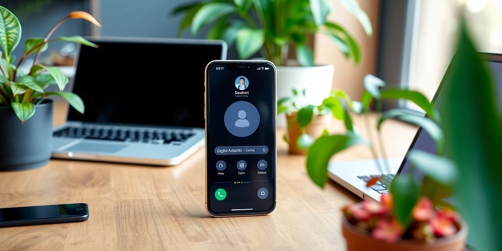 Smartphone with digital assistant in a modern office.