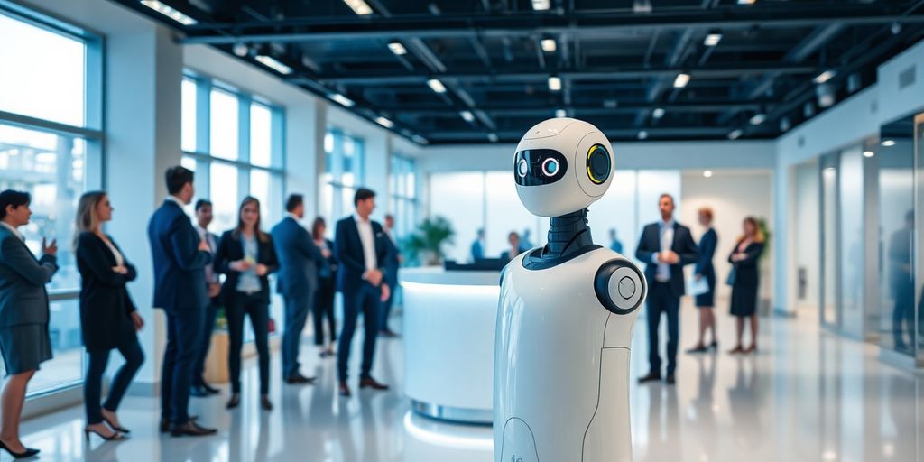 AI receptionist robot in a modern office environment.