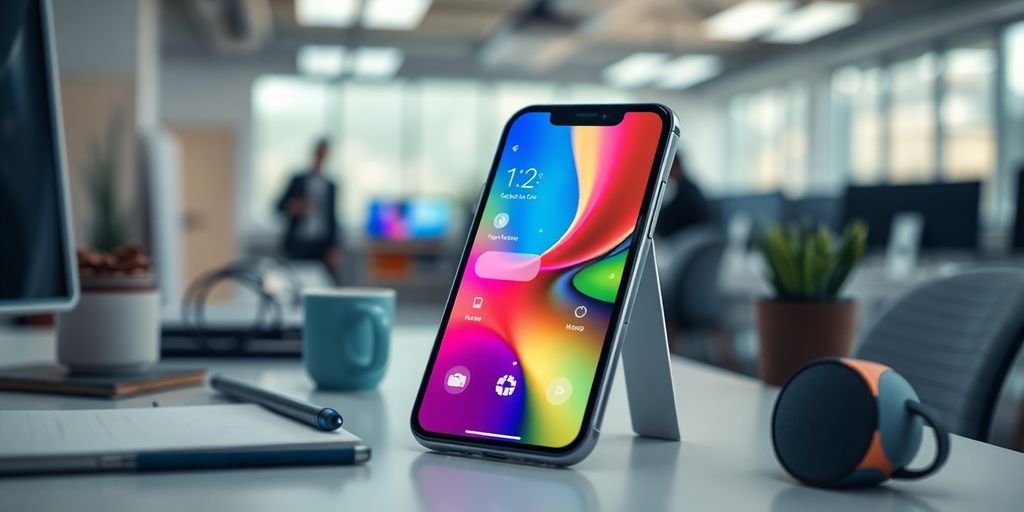 Smartphone with digital interface in a modern office setting.