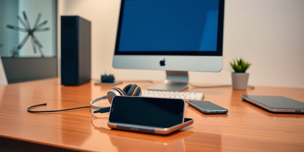 Modern office with computer, headset, and smartphone.