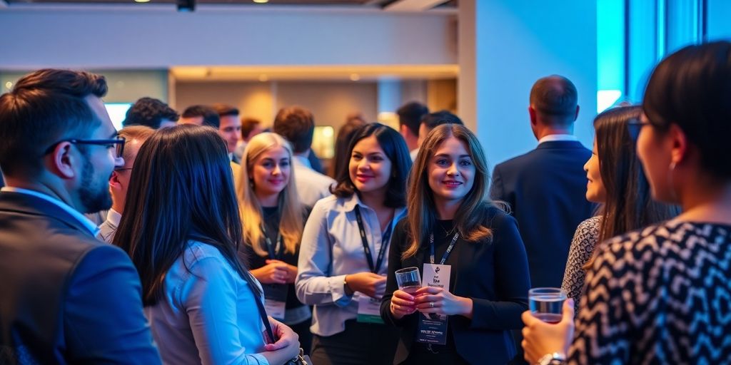 Professionals networking at an event with modern decor.