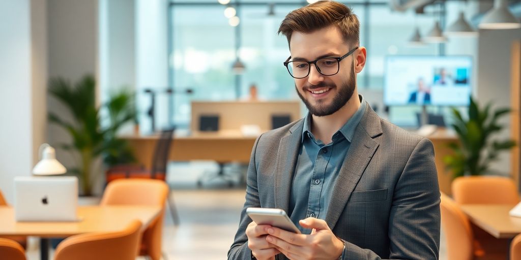 Person using smartphone in a modern office environment.