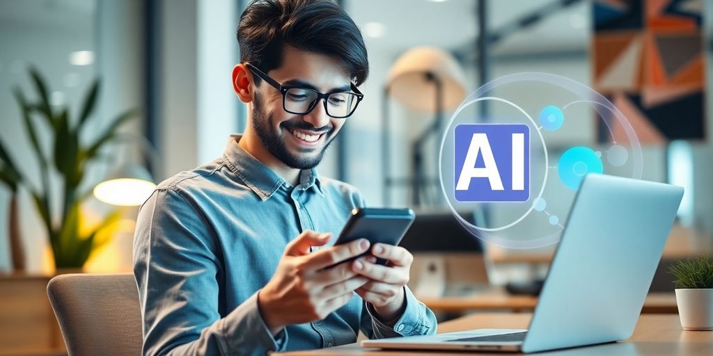 Person using smartphone in a modern office environment.