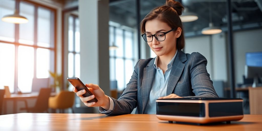Person using smartphone with AI device in office.