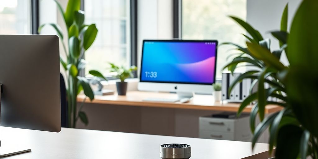 Modern office with AI assistant and sleek desk.