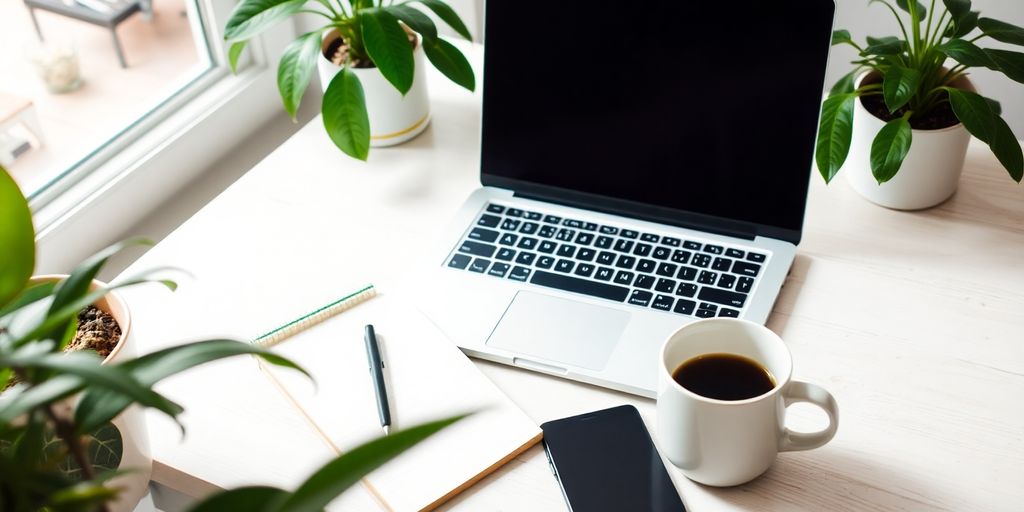 Bright workspace with laptop, notepad, and coffee cup.