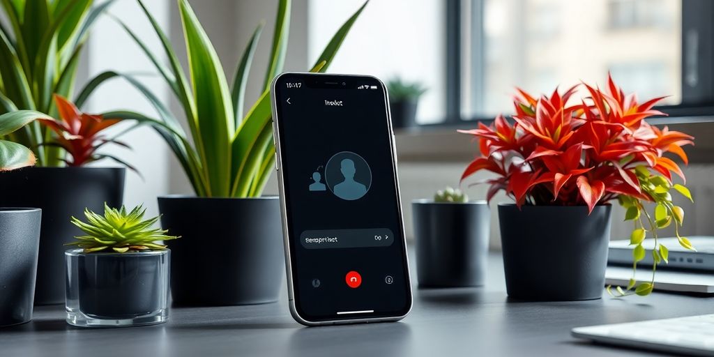 Smartphone with digital assistant in a modern office.