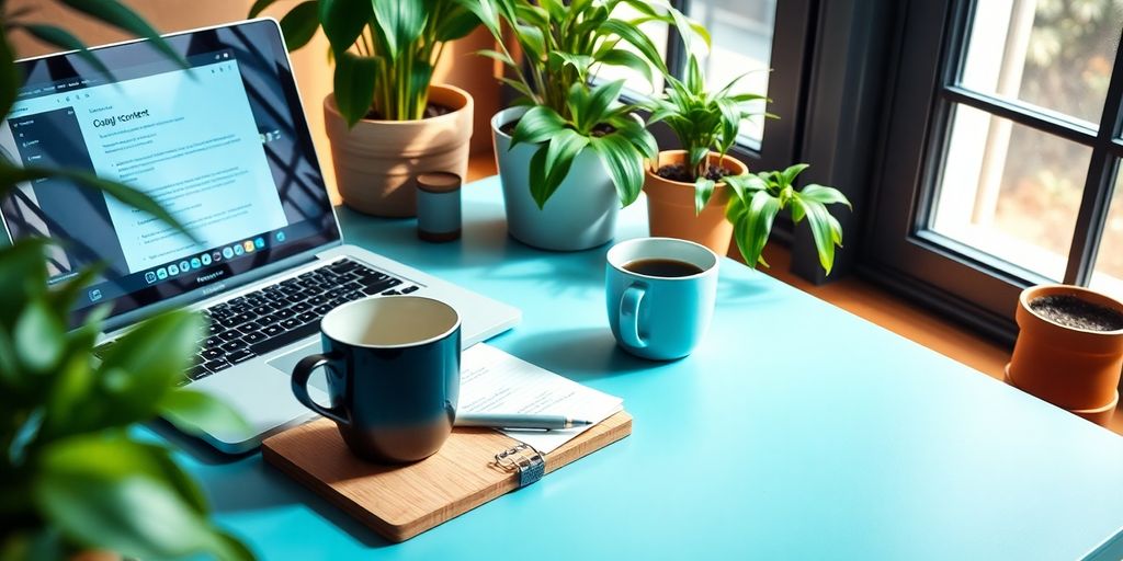 Workspace with laptop, notepad, coffee, and plants.