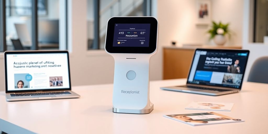 Modern office with AI receptionist and digital marketing tools.