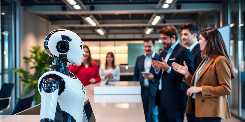 AI receptionist robot in a modern office environment.