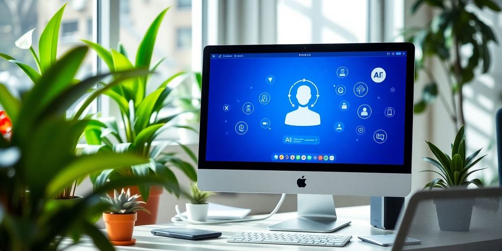 Modern office with AI assistant on computer screen.