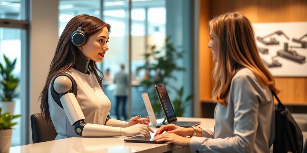 AI receptionist engaging with clients in a modern office.