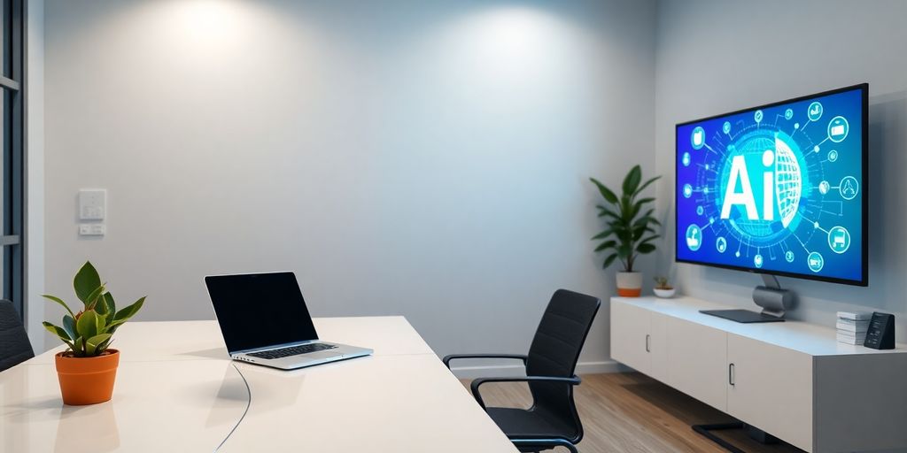 Modern office setup with laptop and digital display.