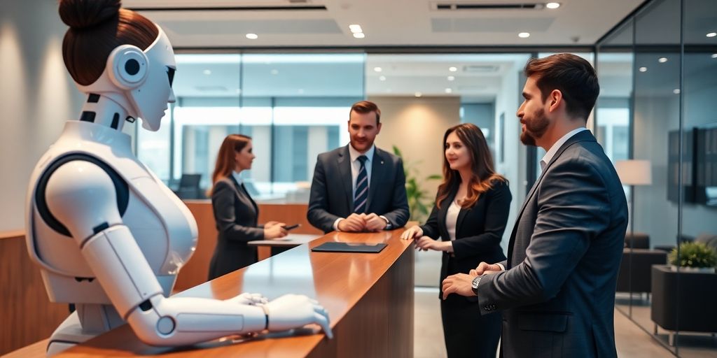 AI receptionist engaging with clients in a modern office.
