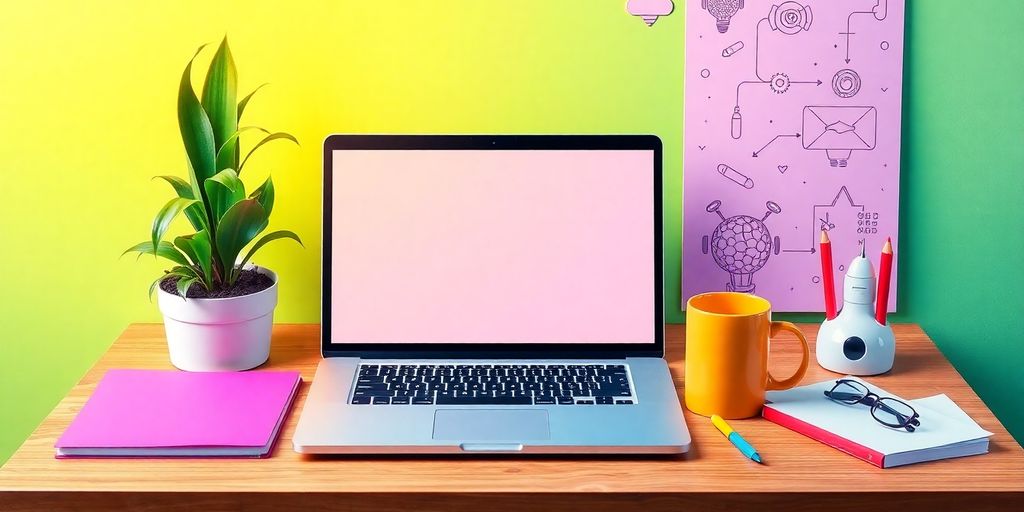 Workspace with laptop, coffee, AI decor, and plant.