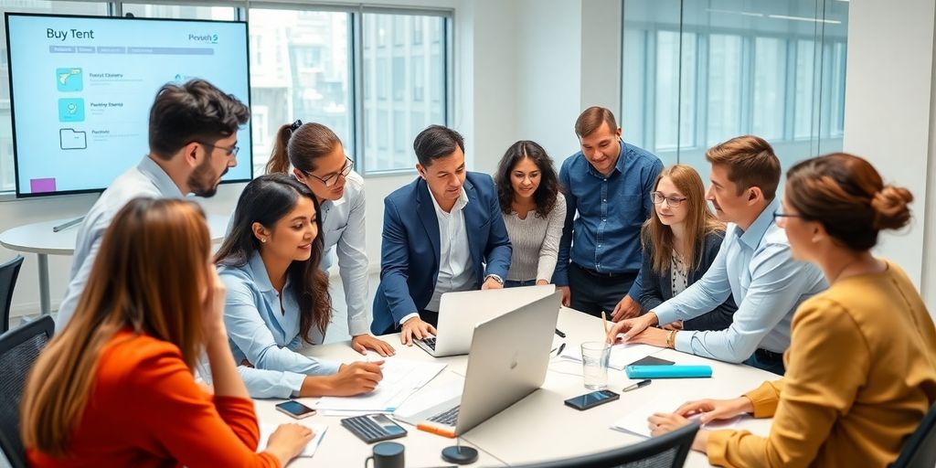 Group of professionals in a training session with technology.