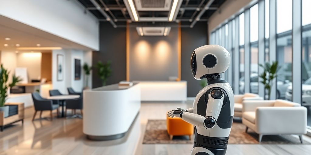 AI receptionist robot in a modern office setting.