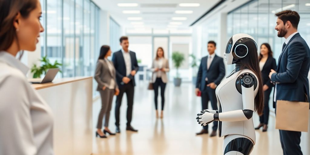 AI receptionist robot in a modern office setting.