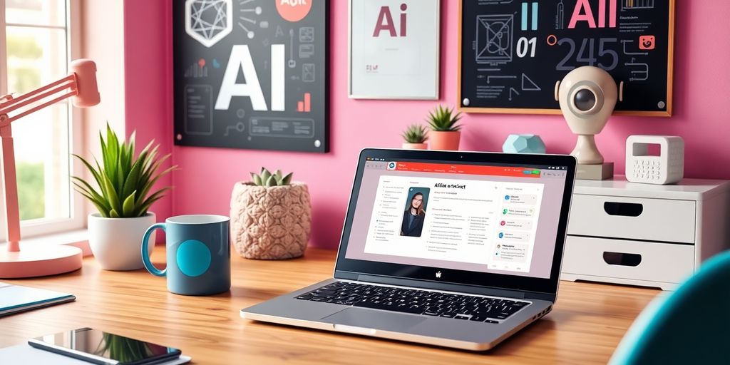Laptop and coffee in a bright workspace.