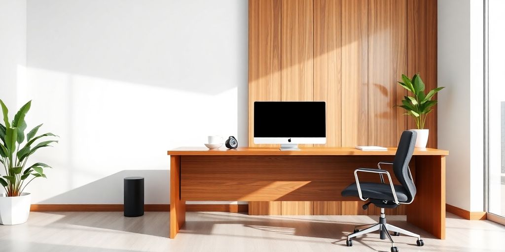 Modern office with desk, computer, and headset.