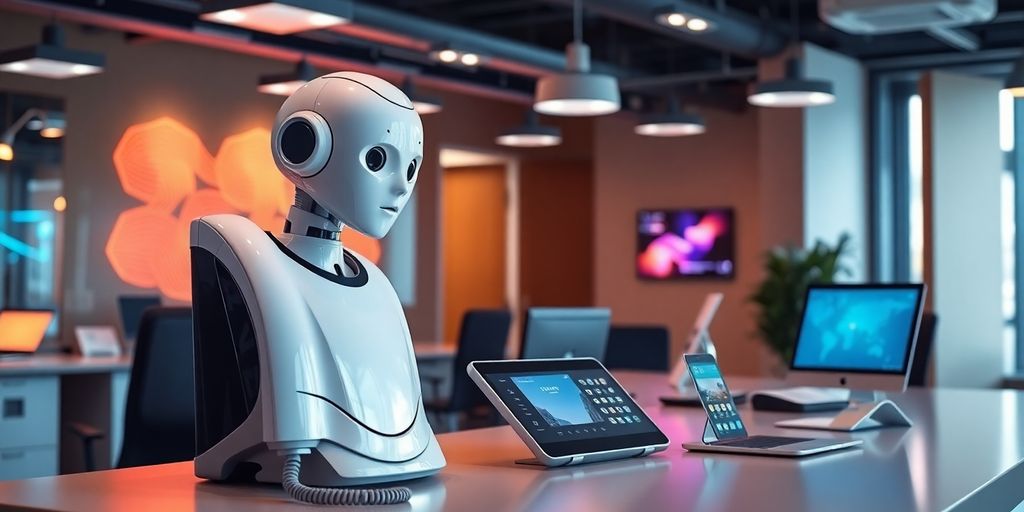 Modern office with AI phone receptionist and technology.