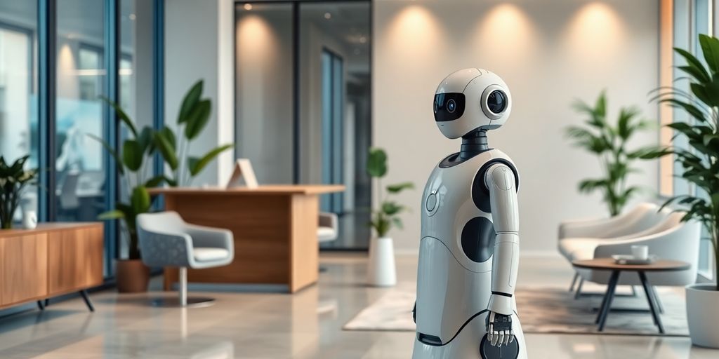 AI receptionist robot in a modern office environment.