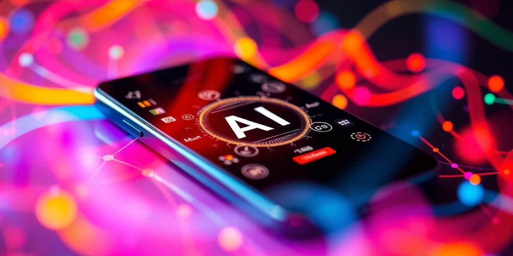 Smartphone with digital interface and colorful abstract background.