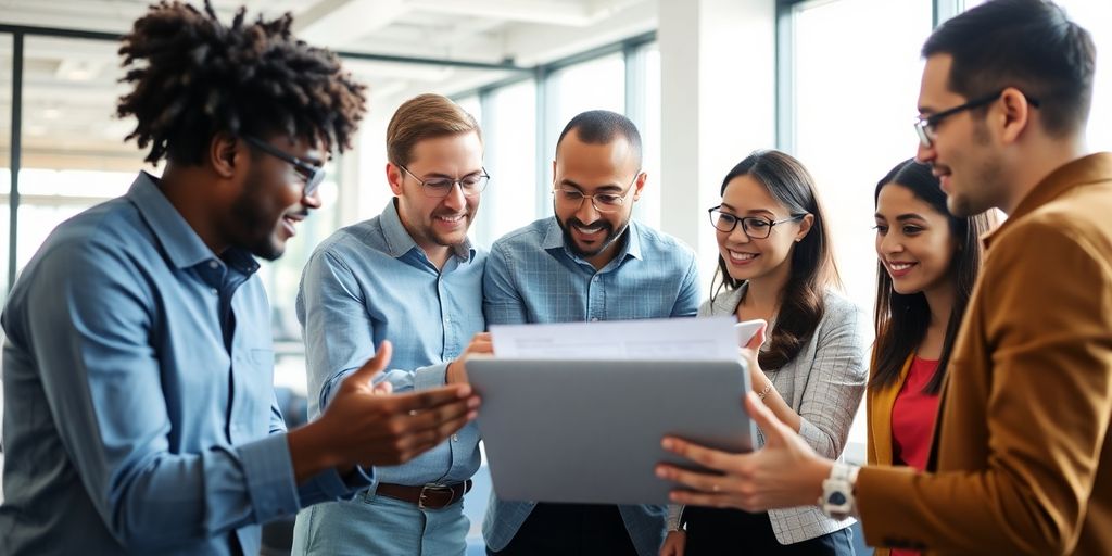 Diverse professionals collaborating on AI technology in office.