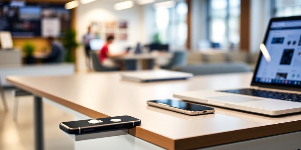 Modern office with smartphone and laptop on desk.