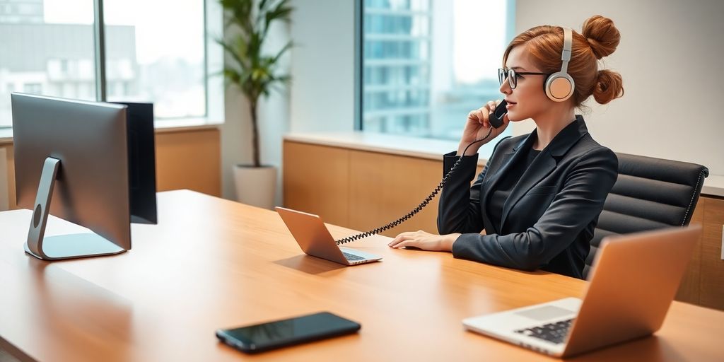 Modern office with AI phone receptionist and technology.