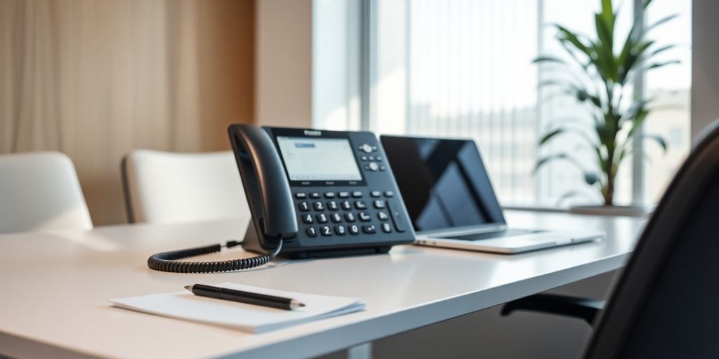 Modern office setup with phone, laptop, and notepad.