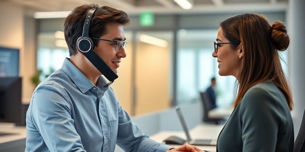 AI phone receptionist in a modern office environment.
